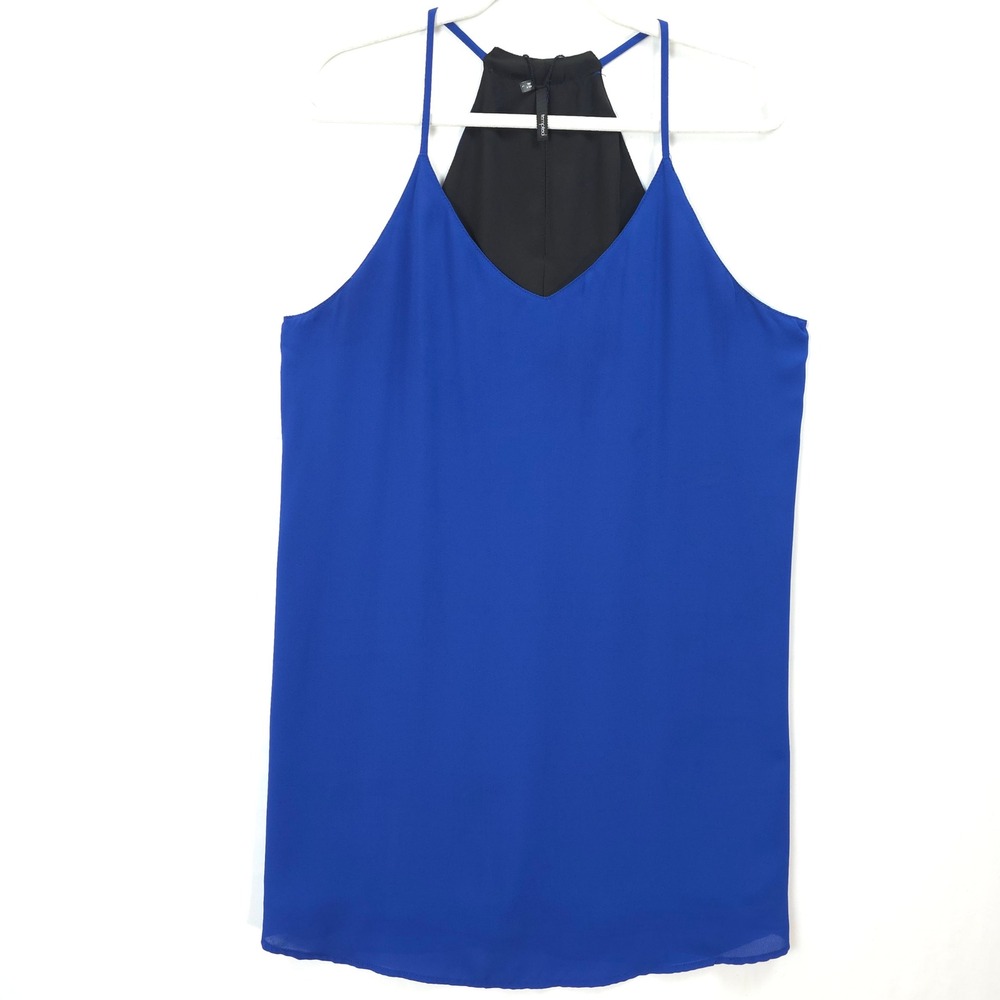 Coastal Chic Blue Strappy Mini Dress Sheer Back Flowy Slip Womens L Effortless